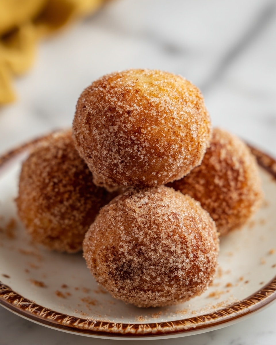 A close-up of a small stack of four round doughnut holes on a white plate with a brown decorative edge, each doughnut hole coated thickly with a layer of granulated sugar mixed with cinnamon, giving a textured and sparkling brown surface; the doughnut holes are arranged so that one sits on top in the center, with three around it beneath on the plate, all resting on a white marbled texture surface. photo taken with an iphone --ar 4:5 --v 7