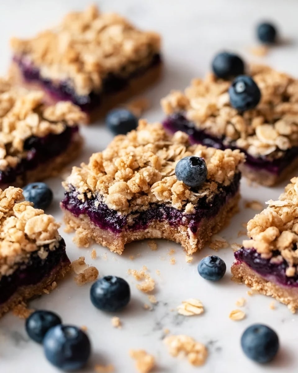 The image shows several square blueberry oat bars arranged on a white marbled surface. Each bar has three layers: a light brown oat crust on the bottom, a thick dark purple blueberry filling in the middle, and a crumbly golden oat topping with large oats on top. The bars are unevenly shaped with crumbs scattered around. Fresh whole blueberries are placed casually around the bars, adding a pop of deep blue color. One bar in the center has a bite taken out of it, showing its layered inside clearly. The focus is sharp on the nearest bar while the others blur softly in the background. Photo taken with an iphone --ar 4:5 --v 7