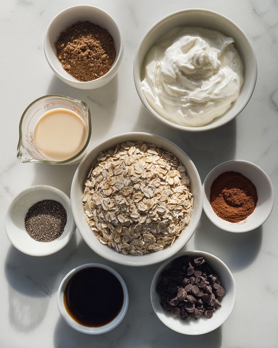 The image shows eight bowls and a measuring cup arranged neatly on a white marbled surface. At the center is a white bowl filled with dry oats, light brown and slightly flaky. To the top right is a larger white bowl with thick, white yogurt showing soft peaks and smooth texture. To the top left is a small white bowl holding a heap of brown powder. Below it is a glass measuring cup with creamy, light beige liquid. The bottom left has a small white bowl with a dark coarse spice mix. To the bottom center is a small white bowl with dark liquid, almost black. To the right of the oats bowl is a small white bowl filled with dark chocolate chips. Below that is another small white bowl containing cocoa powder in a reddish-brown tone. The whole setup is lit softly with natural light, and the bowls cast light shadows on the white marbled surface. photo taken with an iphone --ar 4:5 --v 7