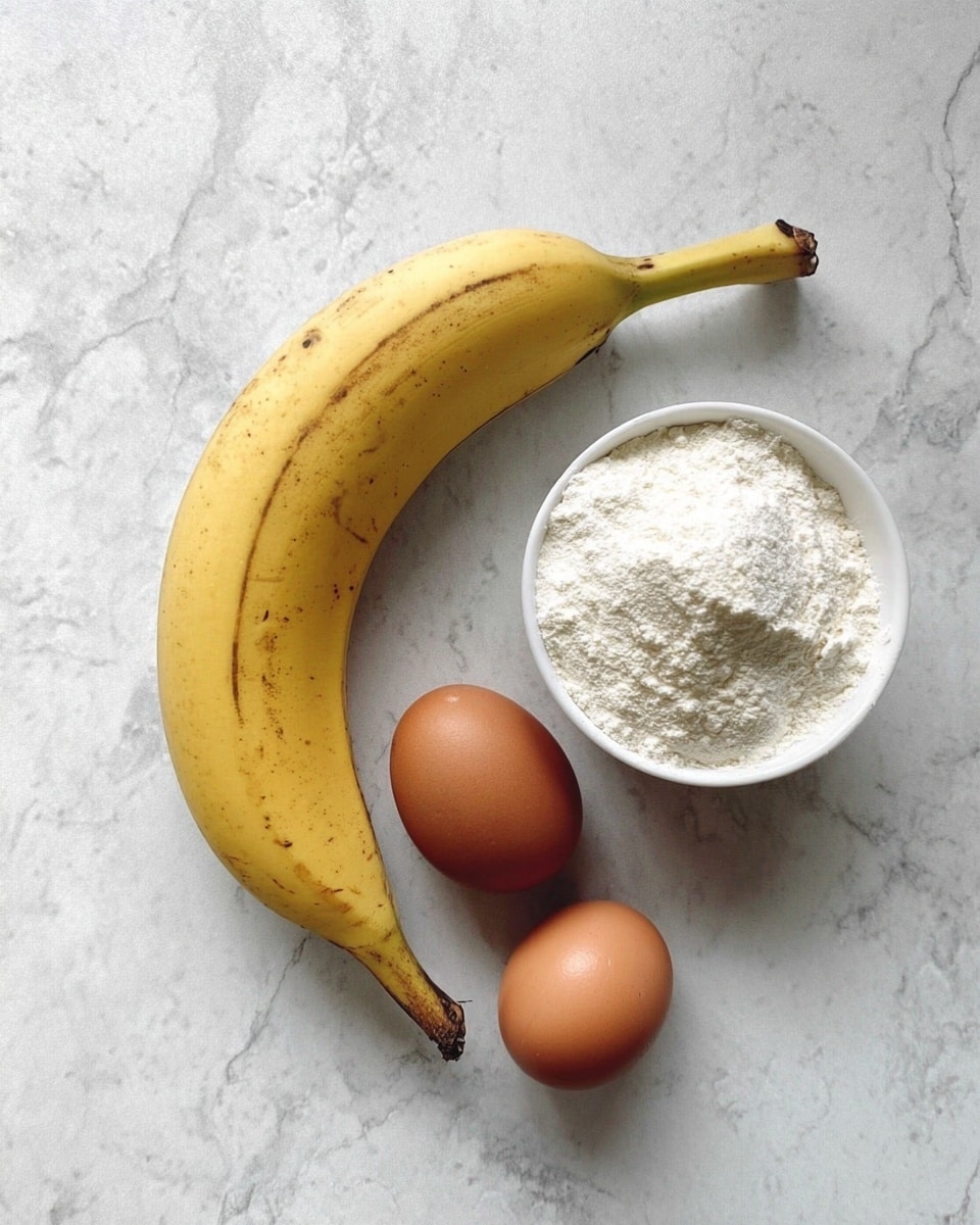 The image shows three ingredients laid out on a white marbled surface: one yellow banana with some brown spots, two brown eggs with smooth shells placed next to the banana, and a small white bowl filled with white flour that has a slightly cracked texture on top. photo taken with an iphone --ar 4:5 --v 7