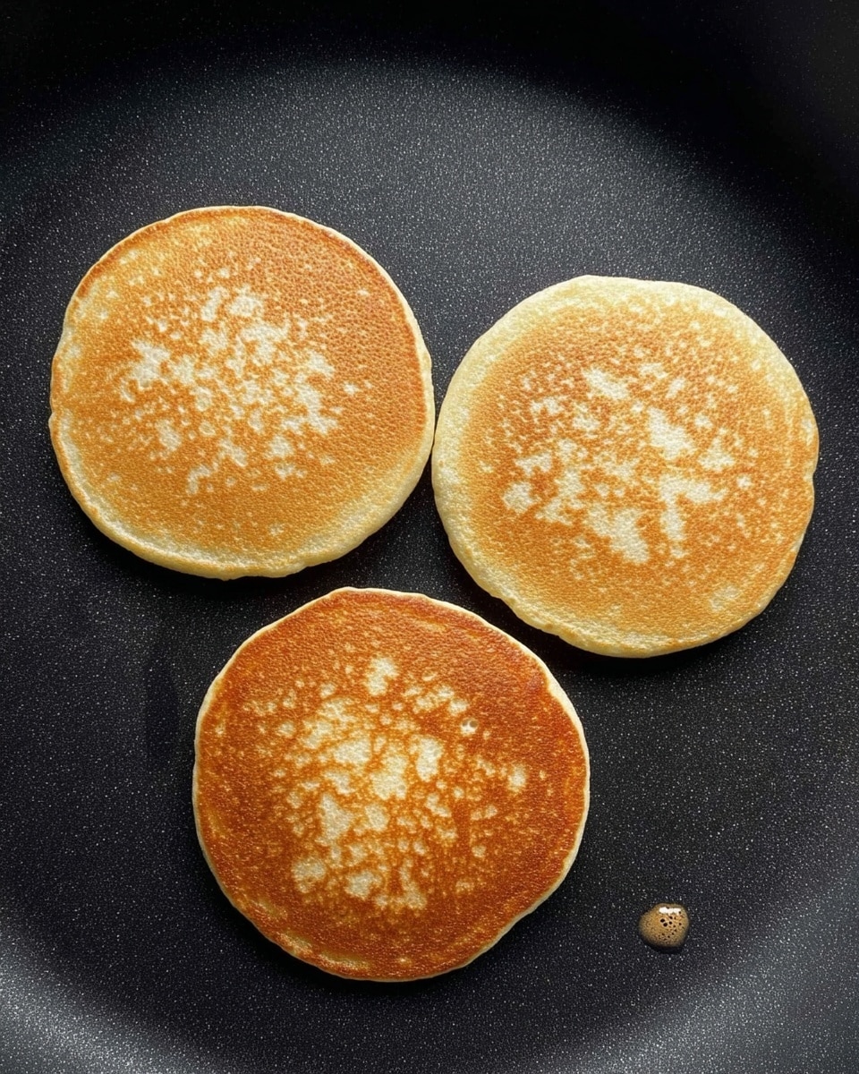 Three small, round pancakes with a golden-brown top surface and light beige edges sit on a black non-stick pan. Each pancake has a slightly different brown pattern on its surface, showing a soft and fluffy texture. The pan’s surface has a matte finish with some small oil spots visible near the bottom right. The pancakes are evenly spaced in a triangular arrangement over the pan. photo taken with an iphone --ar 4:5 --v 7