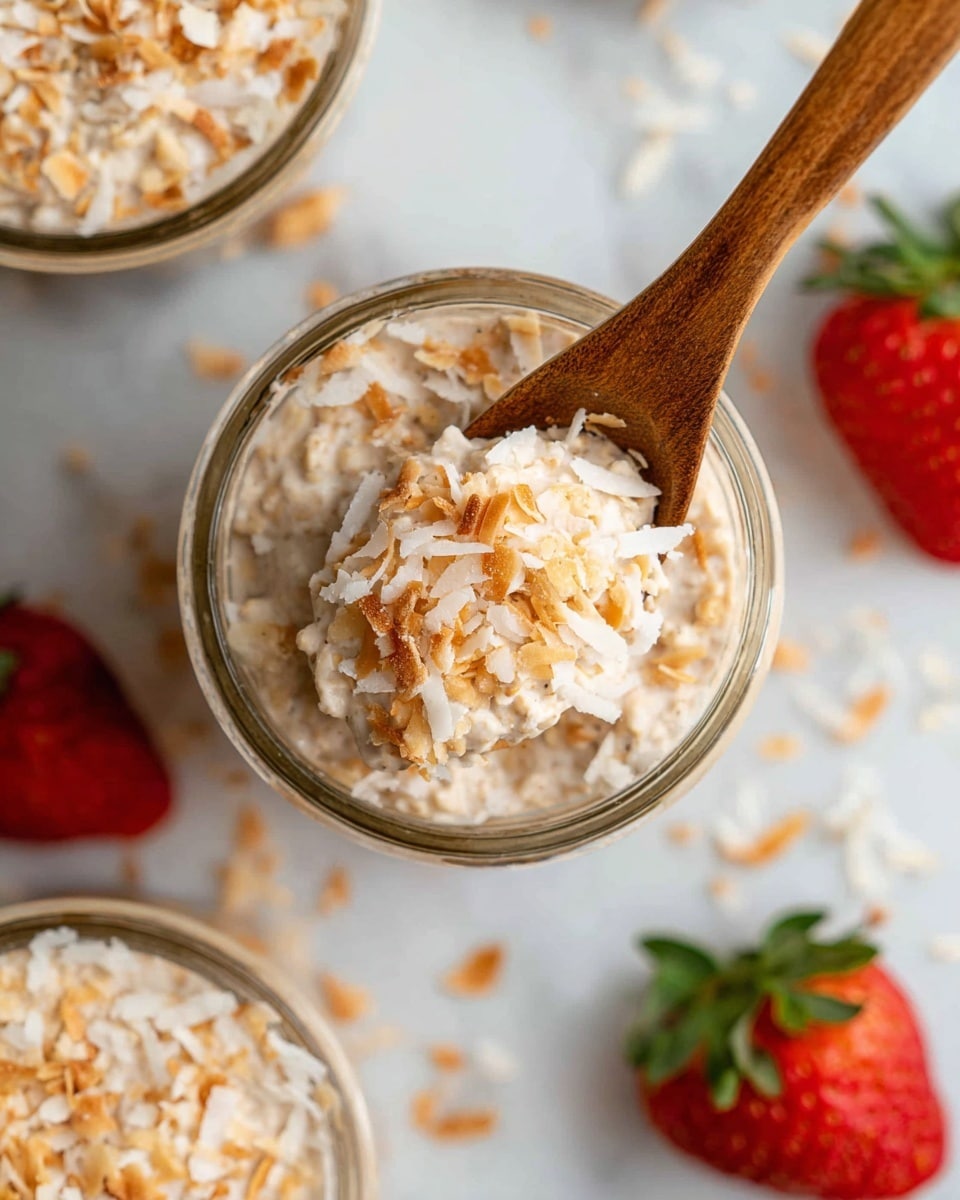 The image shows a close-up top view of a glass jar filled with creamy oatmeal mixed with shredded toasted coconut on top, giving a light tan and slightly golden color texture. A woman’s wooden spoon is dipped into the oatmeal, scooping some of the thick mixture. Around the jar, toasted coconut flakes are scattered on a white marbled surface, with parts of fresh strawberries visible on the edges of the frame, adding a pop of red and green color contrast. Another similar jar is partially visible in the top right corner, also filled with oatmeal topped with toasted coconut, showing a layered texture of creamy and crunchy elements photo taken with an iphone --ar 4:5 --v 7