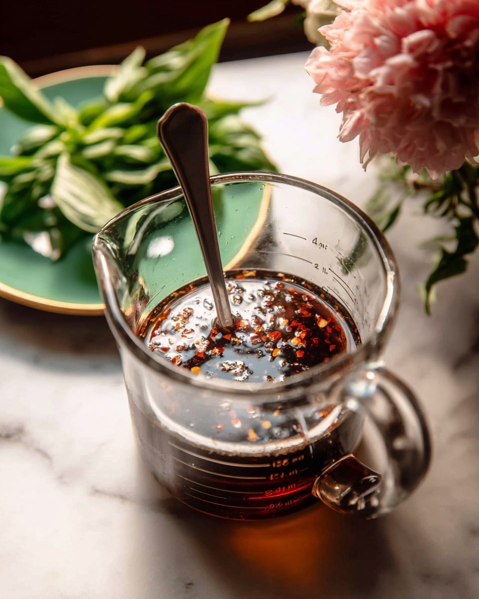 A clear glass measuring cup filled halfway with a dark brown liquid that has small red chili flakes floating in it. A silver metal spoon stands inside the measuring cup, resting against the side. The measuring cup is placed on a white marbled surface. In the blurred background, there is a green plate holding a soft pink, round flower next to a bunch of fresh green basil leaves. The lighting is warm, highlighting the liquid’s texture and the details of the flower and leaves. photo taken with an iphone --ar 4:5 --v 7