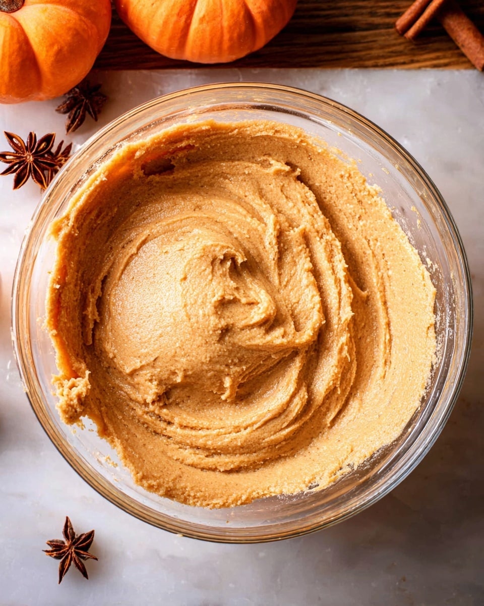 A clear glass bowl filled with thick, light brown cookie dough with a smooth yet slightly textured surface. The dough is spread evenly inside the bowl showing soft curves and swirls made by mixing. The bowl sits on a white marbled surface with some small decorations like star anise and cinnamon sticks nearby, and small orange pumpkins placed in the background. The image highlights the creamy consistency of the dough and the warm cozy colors around it photo taken with an iphone --ar 4:5 --v 7