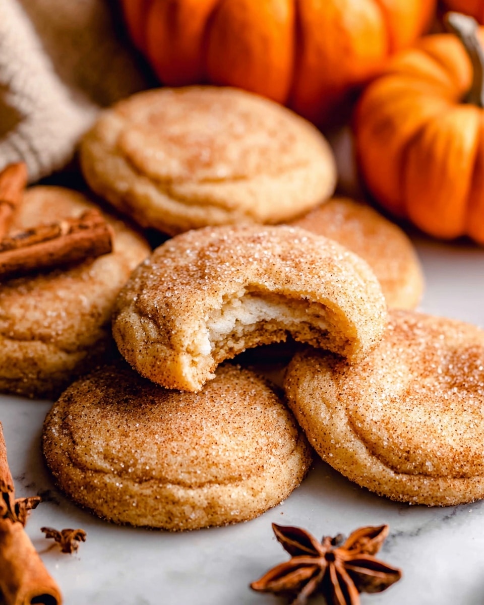 A group of soft, round cookies with a light brown color and sugar-crystal coating, arranged closely together on a white marbled surface. One cookie in the middle has a bite taken out, showing a soft, pale inside. Around the cookies, there are cinnamon sticks and star anise adding a warm, spicy feel. In the background, small orange pumpkins sit slightly out of focus, enhancing the cozy autumn look. photo taken with an iphone --ar 4:5 --v 7