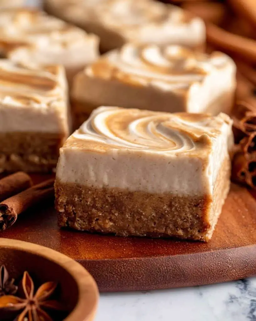 Chai Cheesecake Bars with Brown Butter Frosting and Caramel Swirl Recipe