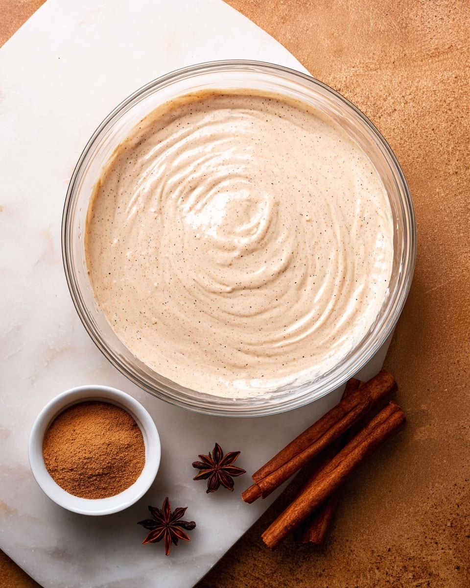 A clear glass bowl on a white marbled surface holds one layer of light brown creamy mixture with small dark specks spread evenly, its smooth texture showing gentle swirls on top. Next to the bowl are two small white bowls; one with a fine cinnamon powder in light brown, and the other with whole star anise and a cinnamon stick, all resting on the white marbled surface. Two cinnamon sticks lie on the white marbled surface near the bowl, adding warmth to the scene. photo taken with an iphone --ar 4:5 --v 7