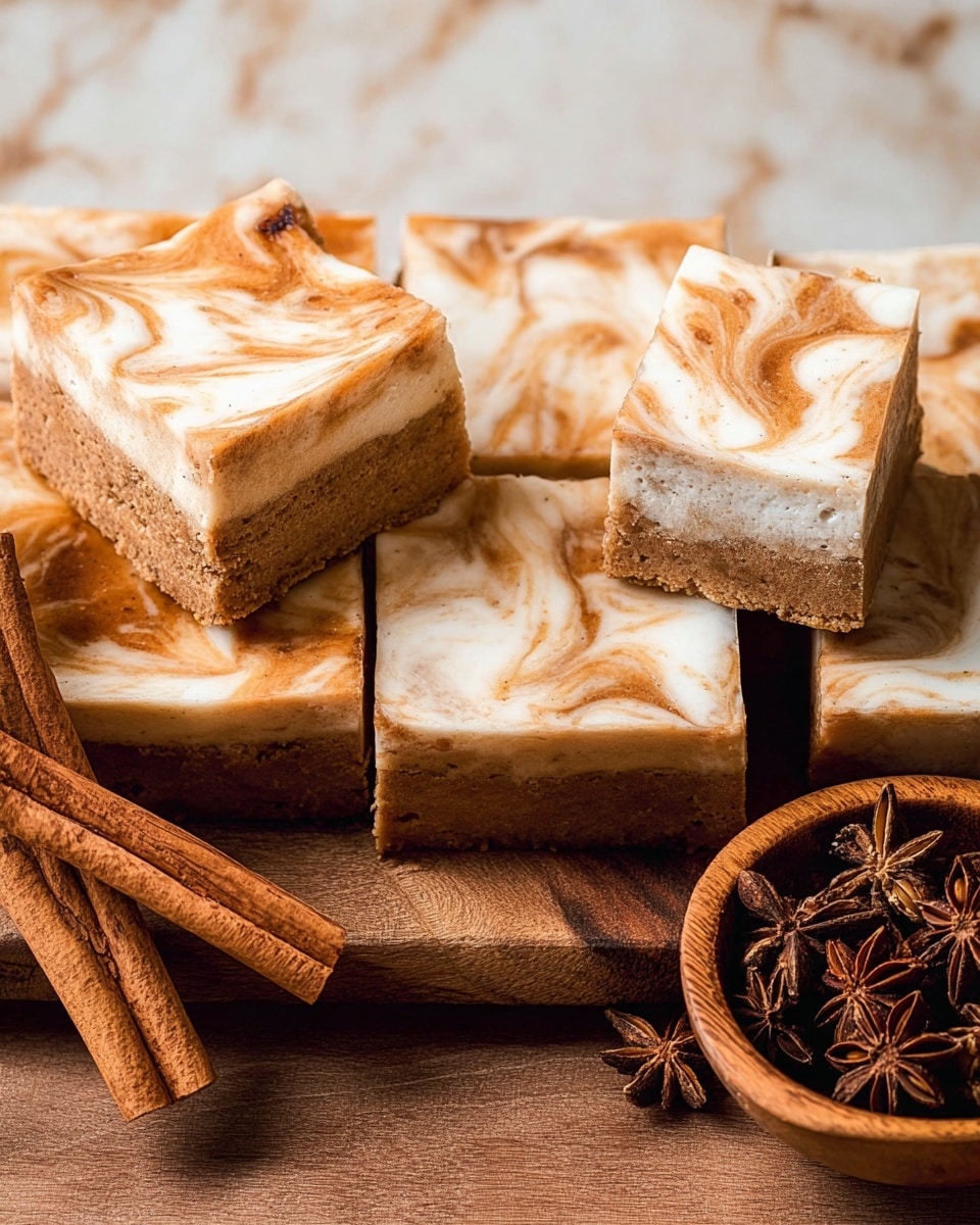 The image shows several square slices of a two-layer dessert arranged closely together. The bottom layer is thick and dense with a light brown color and slightly textured surface. The top layer is a smooth creamy white with light brown swirls that look like cinnamon or caramel stirred in, giving a marbled effect. One piece is slightly lifted, showing the thickness and texture of both layers. To the side, there is a small wooden bowl filled with cinnamon sticks and star anise, adding a warm spice feel to the scene. The dessert is placed on a wooden surface with a white marbled texture background. Photo taken with an iphone --ar 4:5 --v 7