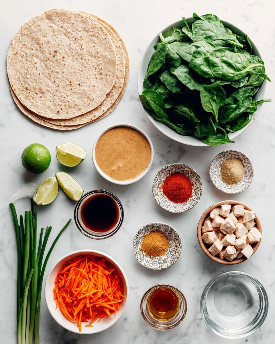 The image shows a flat lay of cooking ingredients on a white marbled surface. There is a stack of four round whole wheat tortillas on the top left. Next to the tortillas, on the right, is a white bowl filled with fresh green spinach leaves. Below the spinach bowl, there is a smaller bowl with thin, bright orange carrot strips. Near the carrots, a white bowl holds small cubes of cooked chicken. To the right of the chicken, a small patterned bowl contains three different spices: a light brown powder, a yellowish powder, and red powder. Above this bowl, there is a glass bowl with a light brown peanut sauce. To the right, a clear glass bowl holds water. Above the water bowl, some fresh green onions lie horizontally. To the left of the spices, there is a small clear bowl filled with dark red sauce. Next to it on the left are three small metal cups, one holding dark liquid (likely soy sauce), one with a lighter oil, and the last with light brown liquid. Above the small bowls are two lime halves, showing their green insides. In the bottom left corner, there is a bunch of green cilantro leaves. photo taken with an iphone --ar 4:5 --v 7