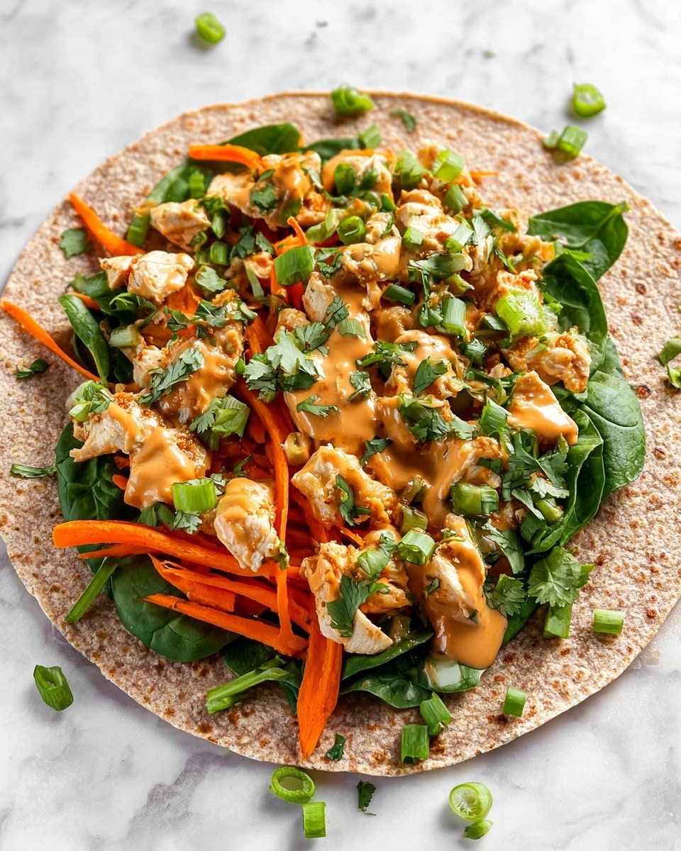 A flat round whole wheat tortilla lies flat on a white marbled surface. On top, there is a layer of fresh dark green spinach leaves covering the base. Above the spinach, pieces of white cooked chicken chunks are scattered evenly. Thin, bright orange carrot strips are laid on one side, adding a fresh crunchy texture. The dish is drizzled with a thick, creamy light brown sauce. Bright green chopped scallions and fresh cilantro leaves are sprinkled generously over the dish, adding a vibrant touch of green. photo taken with an iphone --ar 4:5 --v 7