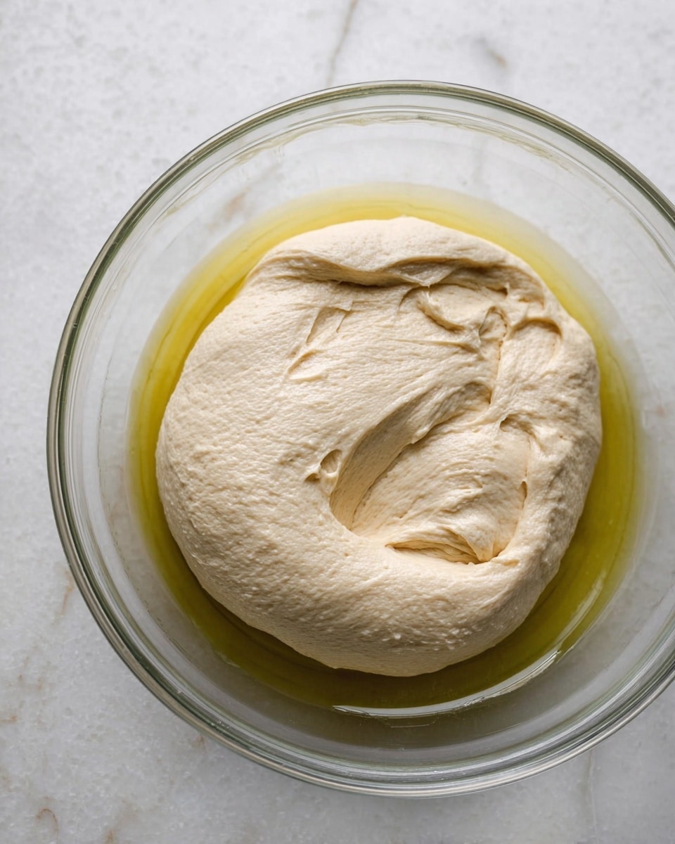 A clear glass bowl filled with a single thick layer of beige dough that has a smooth, slightly wrinkled texture and is resting in a small pool of golden yellow olive oil along the edges, set on a white marbled surface photo taken with an iphone --ar 4:5 --v 7
