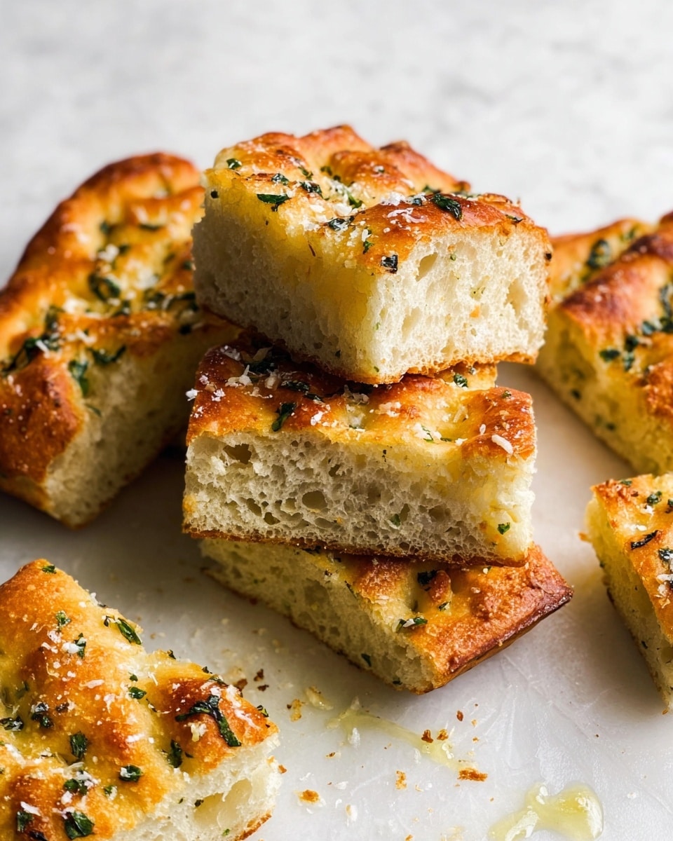 The image shows several pieces of light golden brown focaccia bread with a slightly crispy crust and a soft, airy interior. The top layer is sprinkled with small bits of chopped green herbs and finely grated white cheese, giving a textured look. The bread pieces are placed directly on a white marbled surface, with some crumbs and a few drops of oil visible around them. The bread has a warm, inviting color with slight variations in crispiness across the pieces. photo taken with an iphone --ar 4:5 --v 7