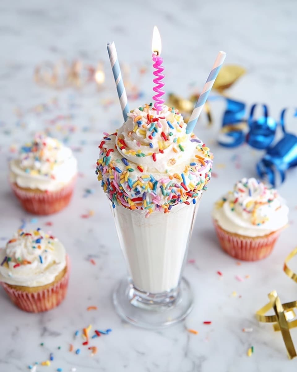 A tall clear glass is filled with a white milkshake topped with thick white whipped cream covering the rim. The whipped cream is covered with colorful round and rod-shaped rainbow sprinkles in red, blue, orange, green, pink, purple, and yellow. On top of the whipped cream rim sits a small white cupcake with white frosting and matching rainbow sprinkles, with a pink spiral candle lit on it. Two striped paper straws, one pink and white and the other blue and white, stand upright next to the cupcake. The background is a white marbled surface with three small cupcakes topped with white frosting, sprinkles, and lit candles scattered around, along with some party blowers in gold and blue. Photo taken with an iphone --ar 4:5 --v 7