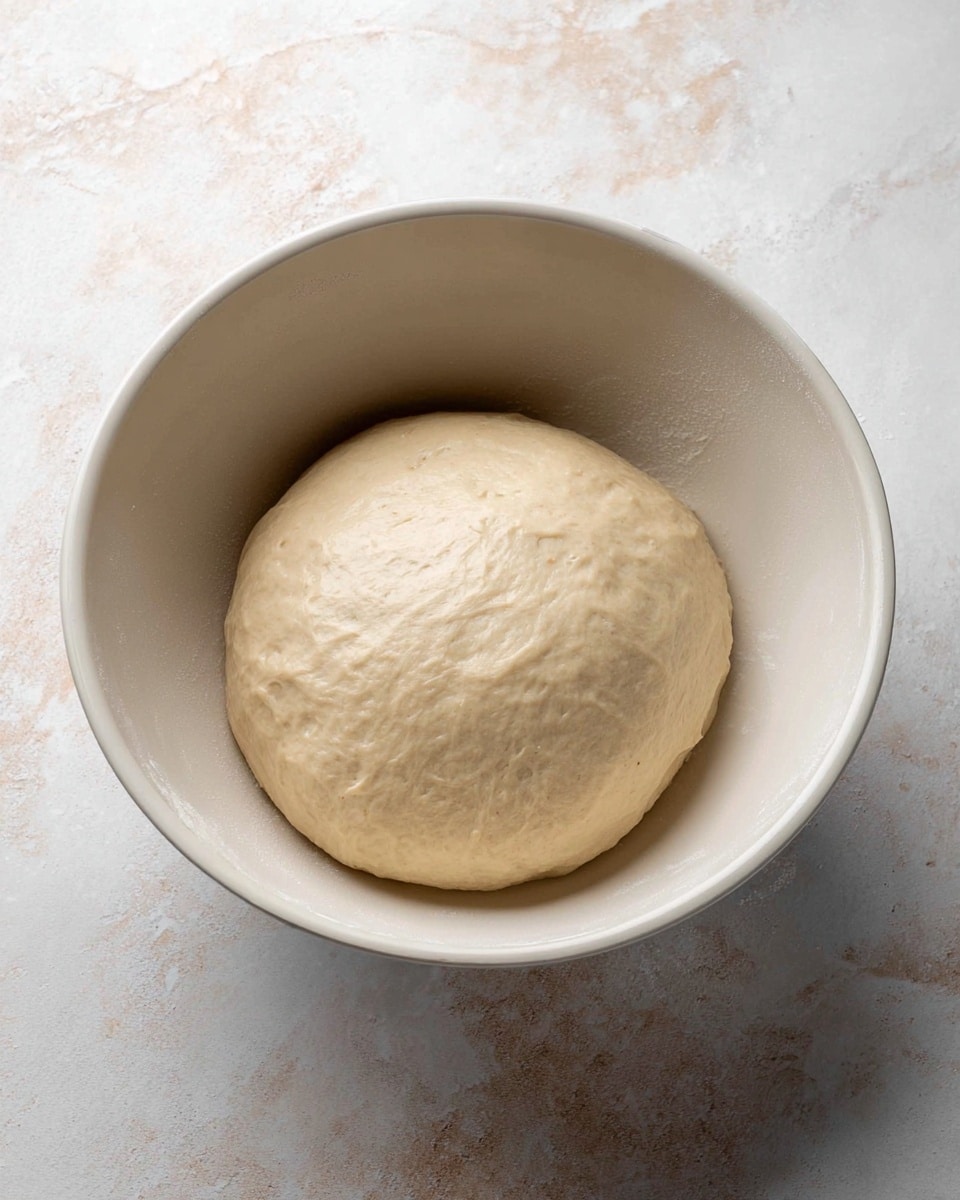 A white bowl holds a smooth, round ball of raw dough that is light beige in color with a slightly shiny and soft texture, resting in the center of the bowl. The background surface has a white marbled texture. photo taken with an iphone --ar 4:5 --v 7