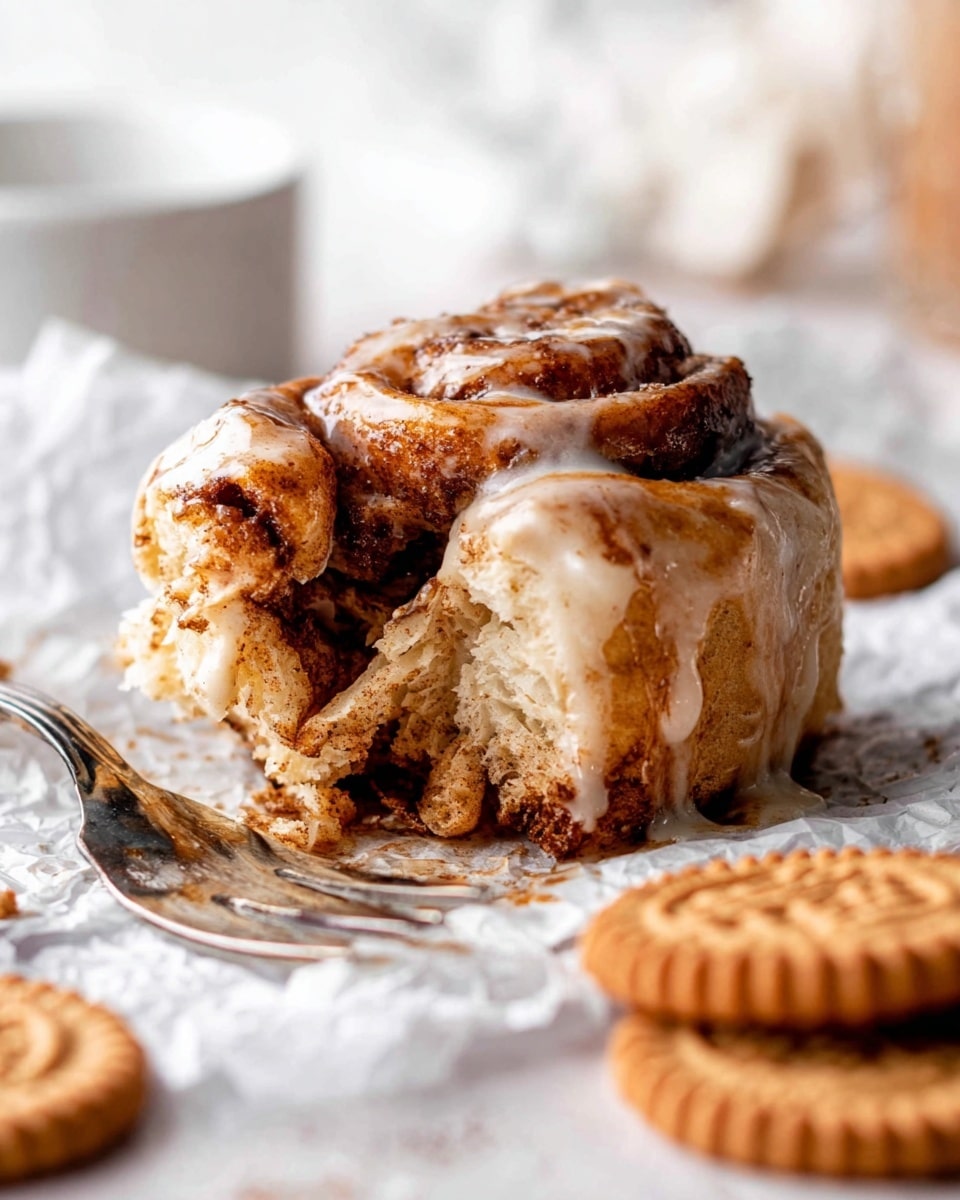 The image shows a close-up of a warm cinnamon roll with three thick layers of soft, fluffy dough swirled with rich, dark brown cinnamon spreading through it. The roll is topped with a shiny, creamy glaze that drips down the sides, giving a glossy finish. It sits on crumpled white parchment paper with a white marbled texture underneath, and is partially eaten, revealing the moist, airy texture inside. In front of the roll, there is an old-fashioned silver fork and some round, light brown cookies with embossed details on the edges scattered around. The background is softly blurred and light. Photo taken with an iphone --ar 4:5 --v 7