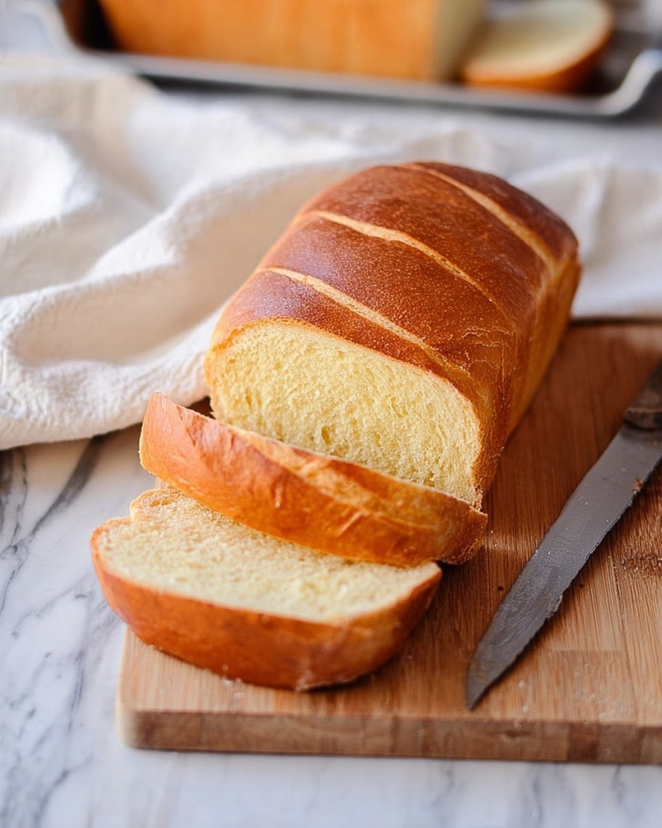A loaf of golden brown bread sliced into three medium-thick pieces sits on a wooden cutting board. The bread has a shiny crust with soft, light yellow inside visible in the slices. The loaf has three shallow diagonal cuts on top, showing a light texture. Next to the bread is a knife with a metal blade and dark handle resting on the board. In the blurred background, a white cloth and a tray with more bread are visible on a white marbled surface. photo taken with an iphone --ar 4:5 --v 7