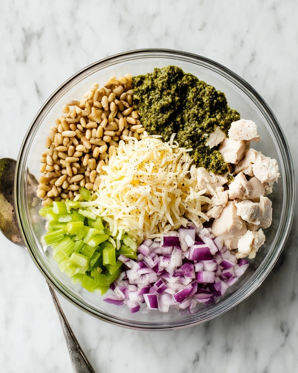 A clear glass bowl on a white marbled surface holds six distinct ingredients arranged neatly in separate sections: light brown toasted pine nuts on the top left, dark green pesto with a coarse texture next to them on the top center, creamy pale mayonnaise to the right, chunks of cooked light beige chicken below the mayonnaise, a pile of finely shredded pale yellow cheese in the center, diced bright green celery on the bottom left, and chopped purple and white red onions at the bottom center. A small amount of black pepper is sprinkled lightly over the cheese. A metal spoon lies on the marble surface near the bowl. Photo taken with an iphone --ar 4:5 --v 7