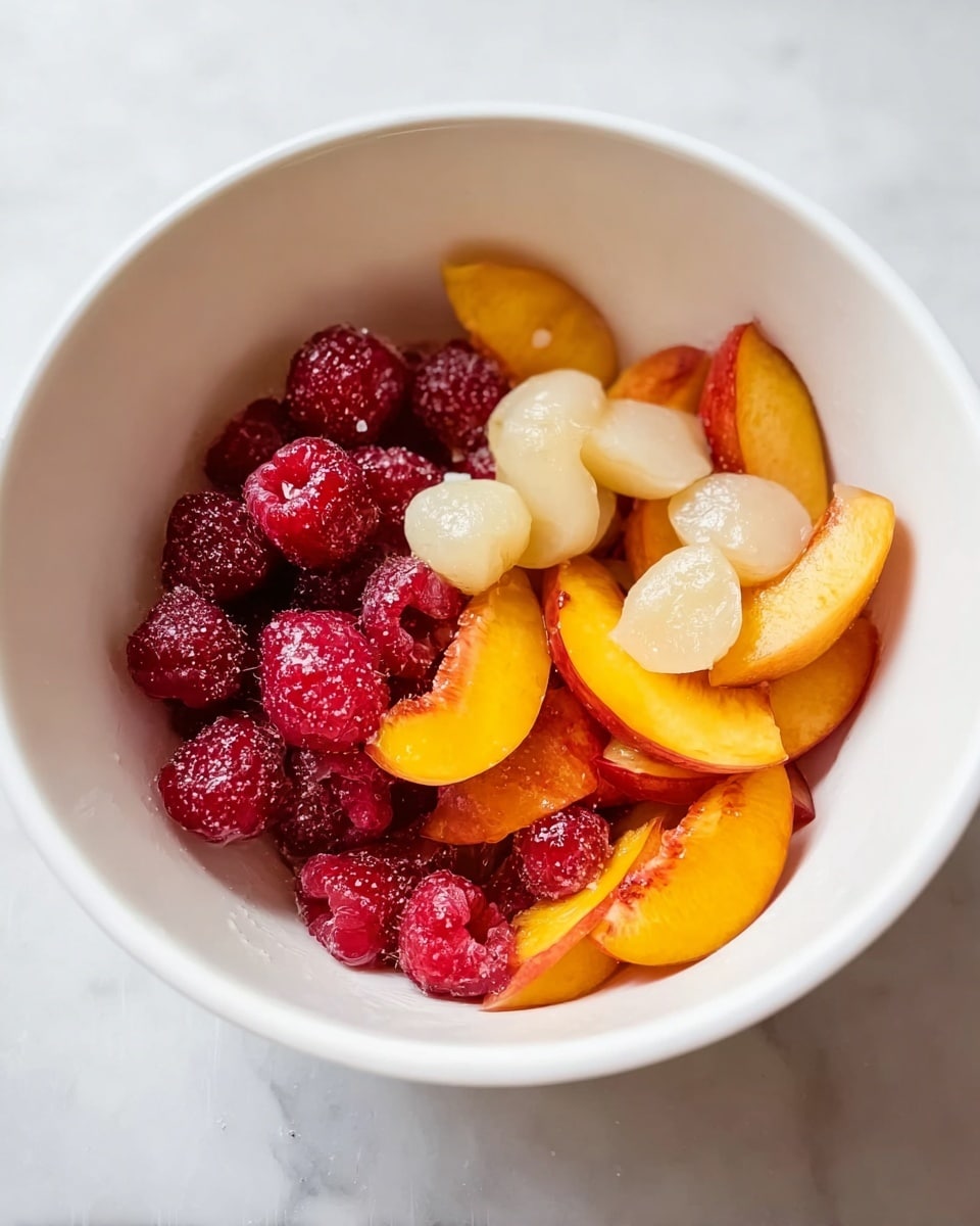 The image shows a white bowl with a mix of fruit inside. There are three layers of fruit: the bottom layer has red raspberries, the middle layer has sliced peaches with orange and yellow colors, and the top layer has a few slices of white fruit that look like lychee or peeled grapes. The fruits are shiny and fresh, placed loosely in the bowl. The bowl is set on a white marbled surface. photo taken with an iphone --ar 4:5 --v 7