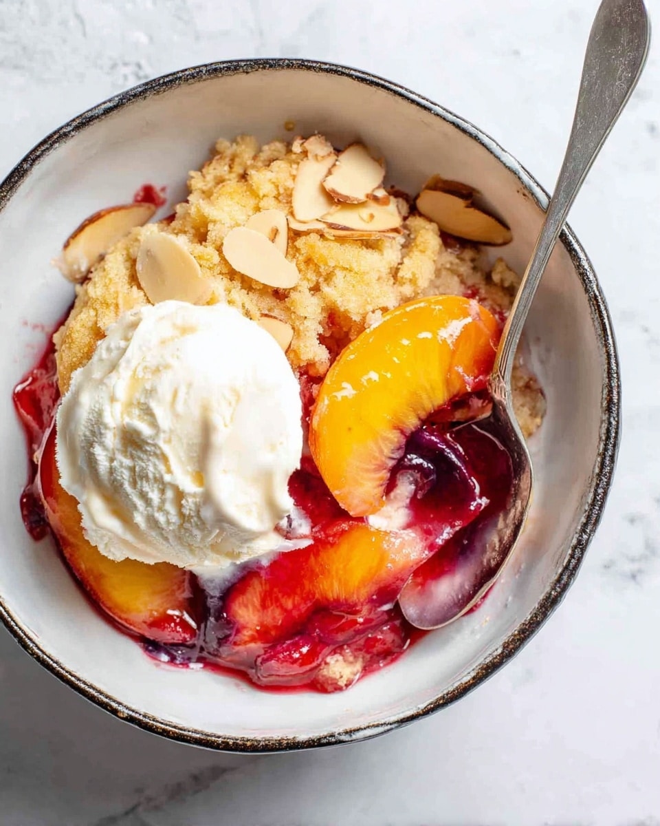 A bowl filled with a colorful dessert showing four main layers: at the bottom, bright red and purple juicy fruit sauce with visible slices of orange peach and red plums; above it, a golden-yellow crumbly cake layer with slices of toasted almonds scattered on top; on the side, a scoop of creamy white ice cream slightly melting and blending with the cake and fruit; a spoon resting inside the bowl, partially covered by the ice cream and cake. The bowl is white with a rustic dark rim, resting on a white marbled surface. photo taken with an iphone --ar 4:5 --v 7
