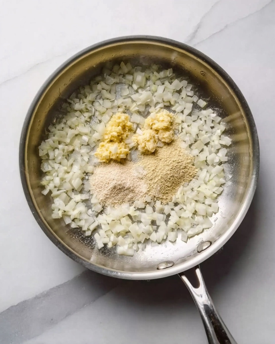 In a shiny silver pan on a white marbled surface, there is one layer of small white chopped onions spread across the bottom. On top of the onions in the center, there are three small piles of light yellow paste and two small piles of fine, light beige powder sitting close together. The pan handle extends out towards the bottom right corner. photo taken with an iphone --ar 4:5 --v 7