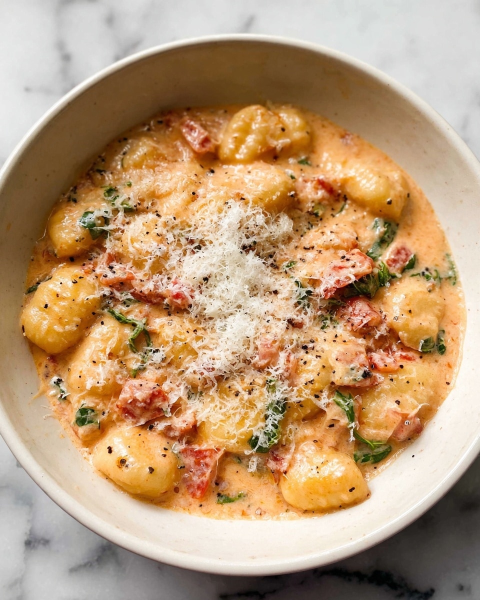 A white bowl filled with soft, plump gnocchi covered in a creamy light orange sauce with small pieces of pinkish red tomatoes and green herbs mixed in. The dish is topped with a layer of finely grated white cheese that lightly covers the gnocchi and sauce, adding a fluffy texture. Some black pepper dots are scattered across the surface, adding contrast. The bowl is placed on a white marbled surface, highlighting the colors of the food. photo taken with an iphone --ar 4:5 --v 7