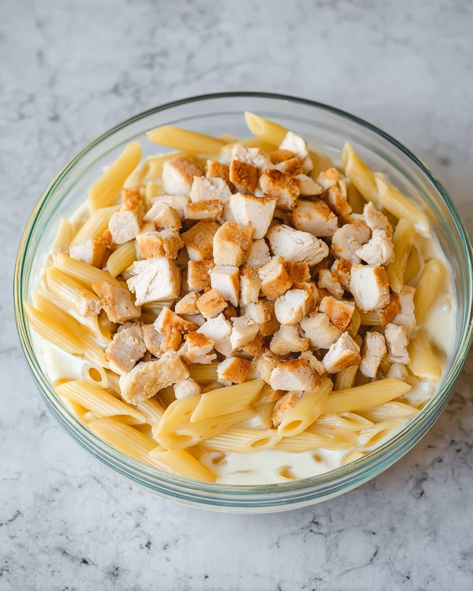 A clear glass bowl holds three visible layers: the bottom layer is cooked penne pasta in a pale yellow color with smooth texture, the middle layer is a creamy white sauce spread evenly over the pasta, and the top layer consists of diced pieces of cooked chicken with a light brown, slightly crispy outside and white interior, scattered evenly on top. The bowl is placed on a white marbled surface. photo taken with an iphone --ar 4:5 --v 7