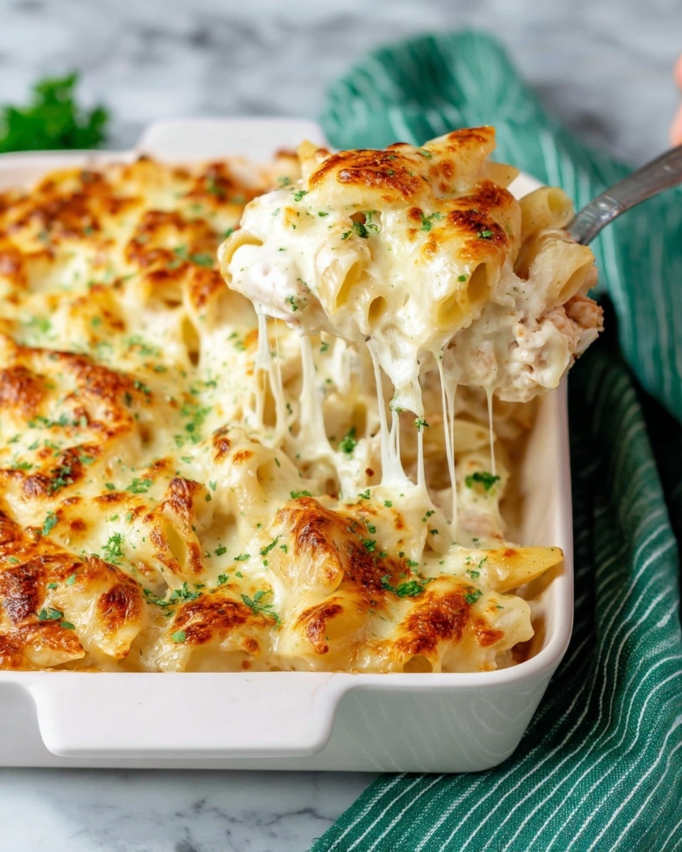 A white square dish filled with baked pasta in three layers: the bottom layer is tender pasta mixed with pieces of cooked chicken, the middle layer is creamy white sauce covering the pasta, and the top layer is melted cheese that is golden brown with spots of light browning, sprinkled with small bits of green herbs. A woman's hand is lifting a forkful from the dish, showing cheese stretching in long strings from the dish to the fork. The dish is on a white marbled surface with a green and white striped cloth nearby. photo taken with an iphone --ar 4:5 --v 7