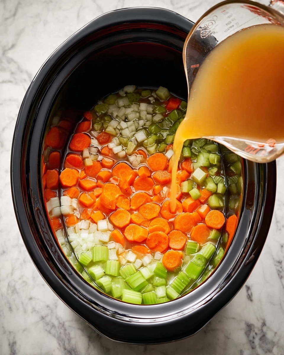 The image shows a black slow cooker filled with three visible layers of ingredients. The bottom layer is an orange mixture mostly covered by the other layers. Above it, white chopped onions are scattered evenly, creating a fine texture. The top layer is made up of sliced celery and carrot rounds, with the carrots showing a bright orange color and the celery a fresh green. On the right side, a clear measuring cup is pouring a light brown broth into the slow cooker. The slow cooker is placed on a white marbled surface. photo taken with an iphone --ar 4:5 --v 7