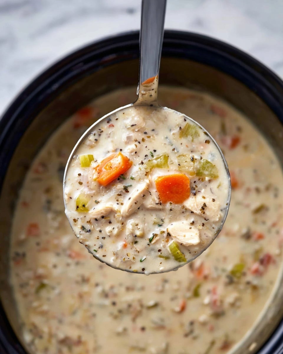 A close-up view of a thick soup held in a shiny metal ladle above a black pot filled with the same soup. The soup has a creamy off-white base with visible chunks of orange carrot slices, green celery pieces, small bits of white meat, and flecks of herbs and black pepper. The texture appears rich and hearty, with the vegetables and meat mixed evenly throughout the creamy liquid. The background shows the rest of the soup inside the pot against a white marbled surface. photo taken with an iphone --ar 4:5 --v 7