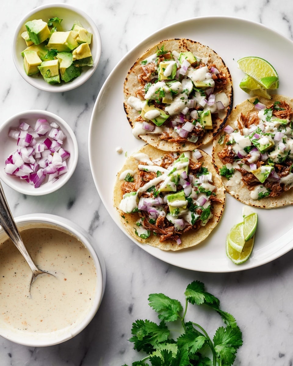 The image shows three small tortillas on a white plate placed on a white marbled surface. Each tortilla has a layer of shredded browned meat topped with pieces of green avocado, small diced purple onions, and a drizzle of creamy white sauce with green herbs. There is a lime wedge on the edge of the plate and a sprig of fresh green cilantro nearby. Around the plate, there are small white bowls with chunks of avocado, diced purple onions, and creamy sauce with herbs, next to three thin lime slices. A spoon rests in the sauce bowl. Photo taken with an iphone --ar 4:5 --v 7