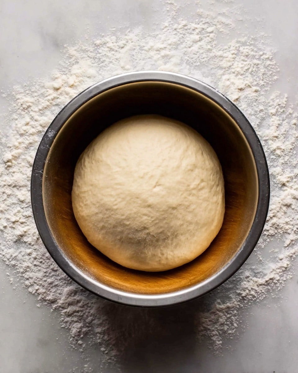 The image shows a smooth, round ball of dough resting inside a silver metal bowl. The dough is pale beige in color and has a soft, even texture, sitting in the center of the bowl. The bowl is placed on a white marbled surface dusted with some white flour. Photo taken with an iphone --ar 4:5 --v 7