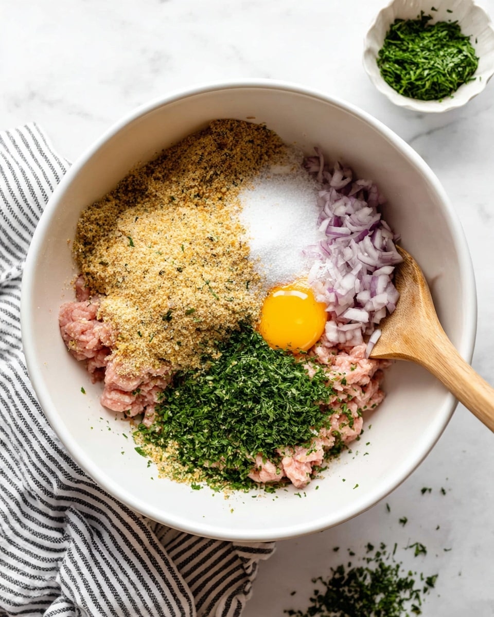 A white bowl filled with layers of ingredients starting with a base of pale pink ground meat. On top of the meat, there is a layer of finely chopped green herbs on the right side, a pile of white granulated salt, and small pieces of light purple chopped onions scattered around. To the left, there is a large heap of light brown breadcrumbs with some green herbs sprinkled over them. In the bottom right section of the bowl, a bright yellow raw egg yolk is resting on the meat next to a light wooden spoon. The bowl is sitting on a white marbled surface with a small white bowl of green herbs nearby and a striped cloth partially visible. photo taken with an iphone --ar 4:5 --v 7