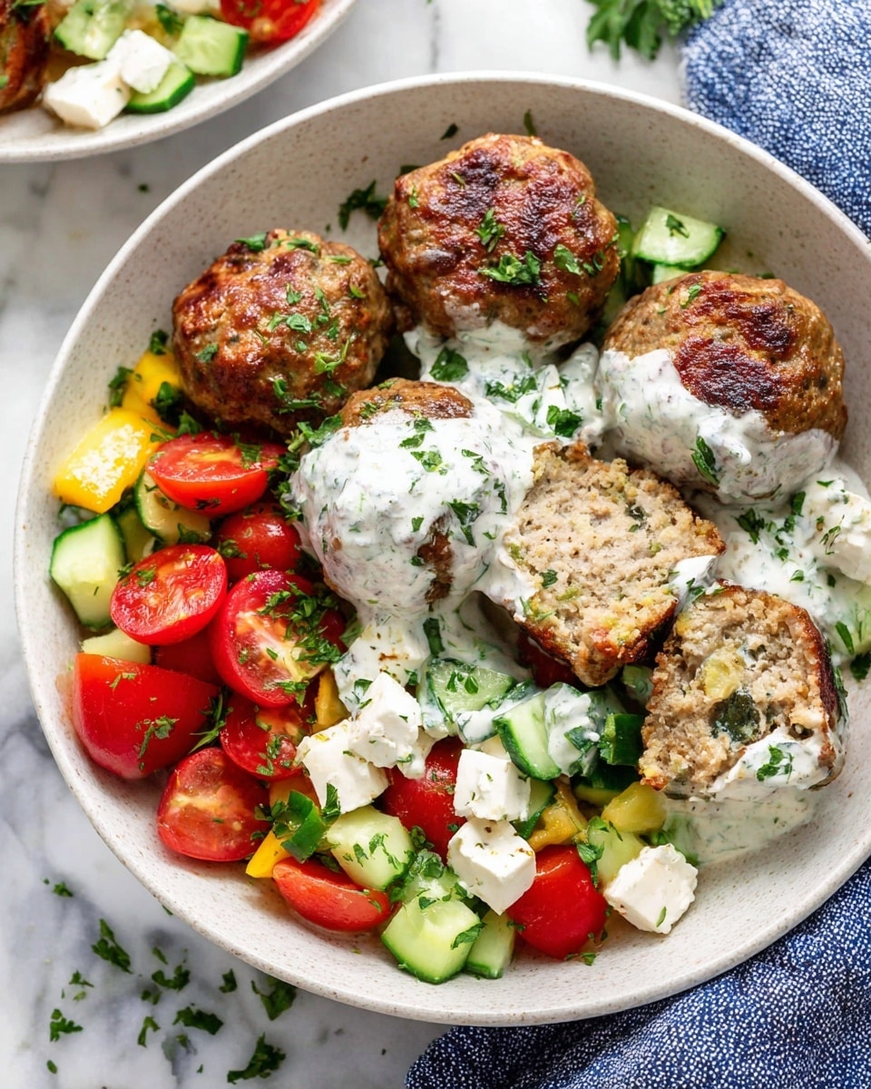 The image shows a white bowl filled with five brown meatballs that have a slightly crispy texture, with one meatball sliced in half to show its soft, crumbly inside. Over the meatballs, there is a white creamy sauce with green herb bits sprinkled on top. Surrounding the meatballs is a fresh salad made of bright red cherry tomato halves, white cheese cubes, and green cucumber pieces, all mixed with green herbs. The bowl is placed on a white marbled surface with a blue and white cloth nearby. Photo taken with an iphone --ar 4:5 --v 7