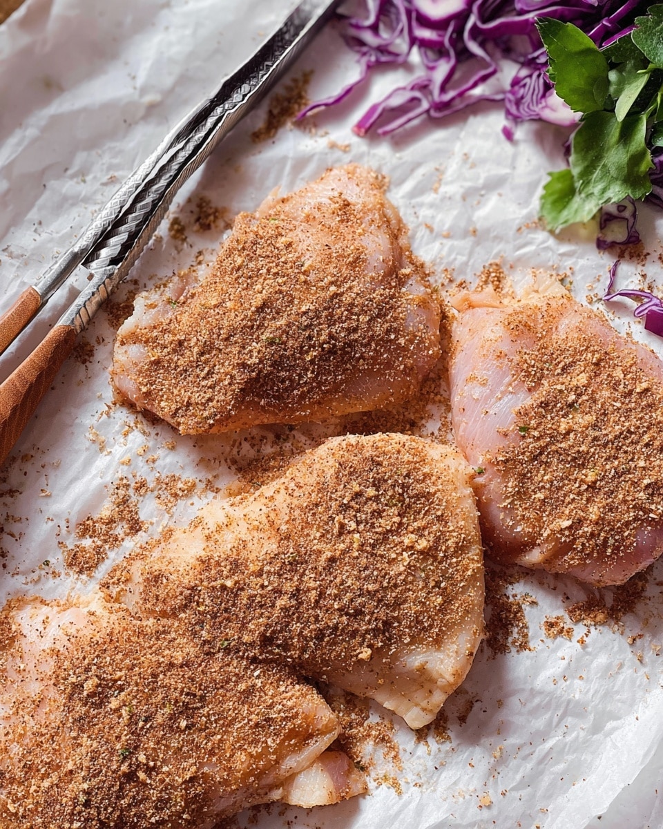 Several raw chicken pieces lay flat on white parchment paper over a white marbled surface. The chicken is covered in a light brown spice mix, unevenly spread with some patches more heavily coated. Metal tongs rest at the top side of the image, with purple cabbage and green leafy herbs visible in the top right corner. The textures show the moist, smooth chicken skin beneath the grainy spice powder. Photo taken with an iphone --ar 4:5 --v 7
