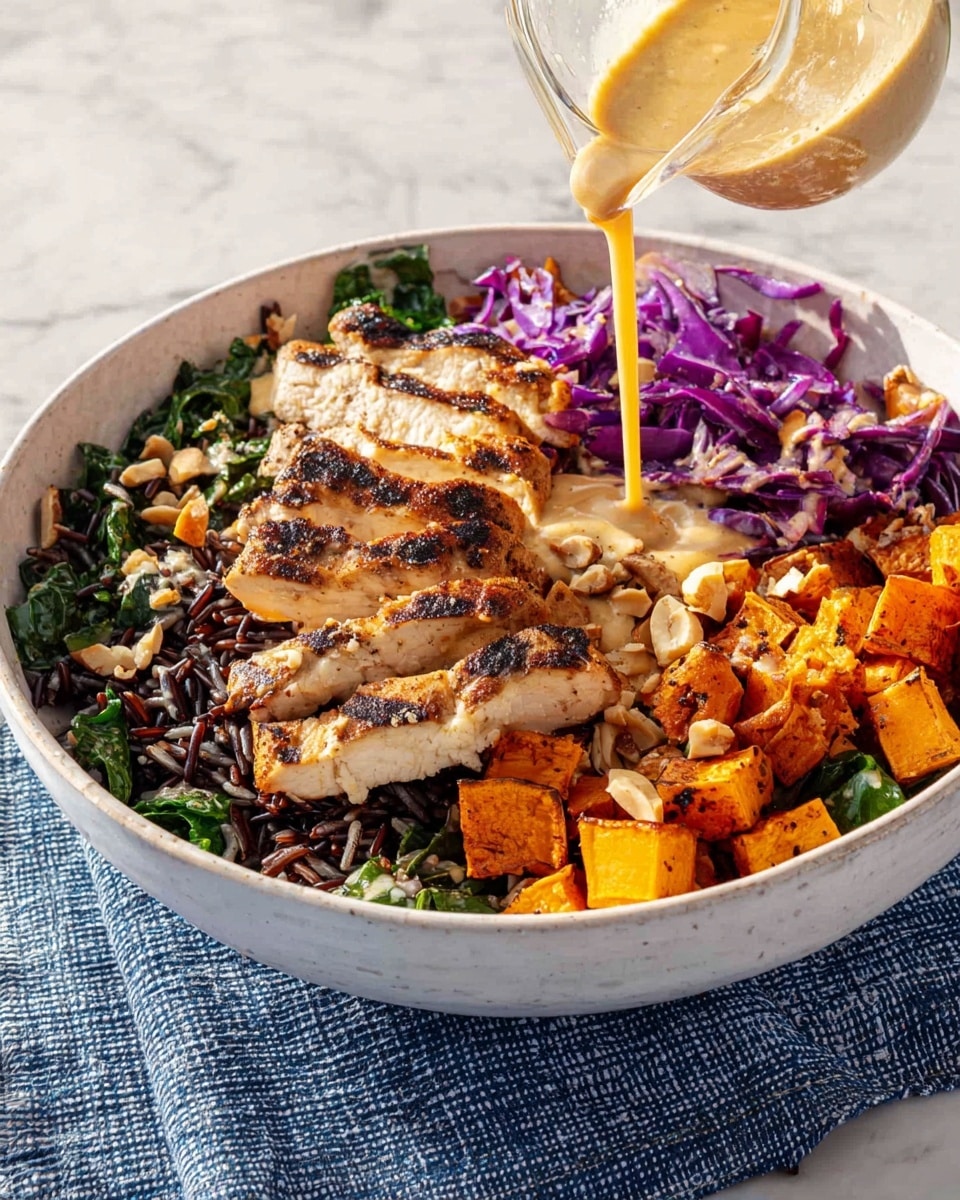 A white bowl holds a colorful layered dish starting with a base of dark wild rice on the right side and some shredded purple cabbage mixed with green leafy vegetables on the left. On top, there are several pieces of grilled chicken with dark grill marks, placed in the front center and spreading to the left, showing a cooked light brown interior. Around the chicken, there are golden brown roasted cubes of sweet potato scattered mostly on the right and some near the cabbage on the left. Small light brown chopped nuts are sprinkled across the dish. A tan creamy sauce is being poured over the center from a clear glass container held above. The bowl sits on a blue and white textured cloth over a white marbled surface. photo taken with an iphone --ar 4:5 --v 7