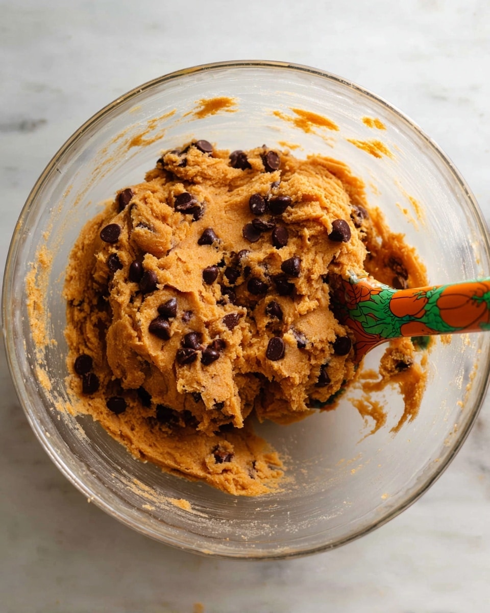 A clear glass bowl filled with thick, orange-brown cookie dough mixed with dark brown chocolate chips evenly spread throughout. A colorful spatula with green and orange pumpkin designs rests partially embedded in the dough on the right side. The bowl sits on a white marbled surface, and the dough has a slightly rough, thick texture with some bits sticking to the sides of the bowl. photo taken with an iphone --ar 4:5 --v 7