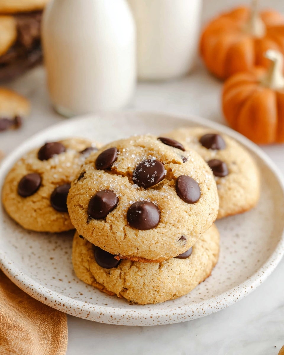 A white speckled plate holds three round cookies stacked slightly uneven. Each cookie has a golden brown color with a soft, slightly cracked texture and is topped with several glossy dark chocolate chips scattered evenly across the surface. The plate sits on a white marbled surface with blurred small orange pumpkins and two white bottles in the background. The cookies look soft and fresh with a slight sprinkle of sugar crystals visible on top. photo taken with an iphone --ar 4:5 --v 7