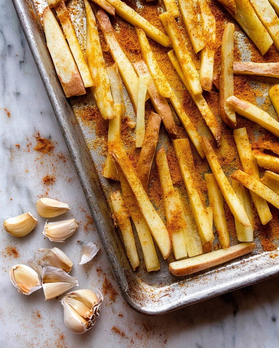 The image shows a baking tray filled with long, thinly sliced pieces of raw potato rooted in light brown skin on some edges, laid out in a single layer on a silver tray. The potato sticks have a golden-yellow spice powder sprinkled over them unevenly, creating a mix of lighter and darker yellowish-brown shades on each piece. Near the bottom left corner of the baking tray, there are several whole and broken garlic cloves and skins scattered loosely. The tray is placed on a white marbled surface with scattered garlic skins around it, giving a rustic kitchen feel. The photo taken with an iphone --ar 4:5 --v 7