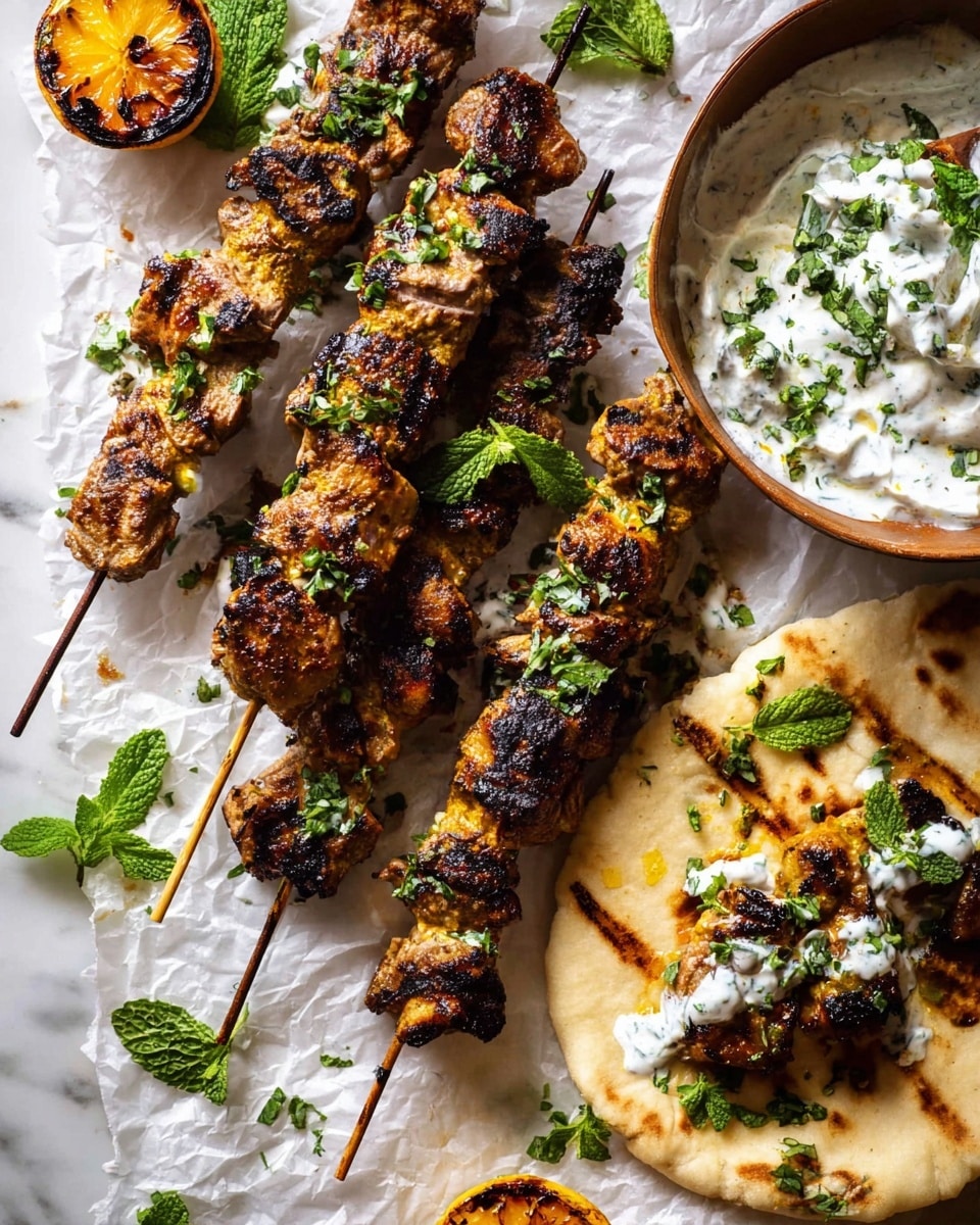The image shows five grilled meat skewers with a golden brown and charred color, laid on a white marbled surface covered with white parchment paper. The skewers have small pieces of meat stacked closely, each showing dark grill marks, and are topped with fresh green herbs and small dollops of white sauce. Two grilled lemon halves with a deep brown sear and some green leaves are scattered around the skewers. On the right side, there is a white flatbread with a slightly browned, soft texture topped with one skewer resting on it and garnished with green herbs and white sauce. Next to the flatbread is a white bowl filled with white sauce garnished with fresh mint and herbs. The photo taken with an iphone --ar 4:5 --v 7