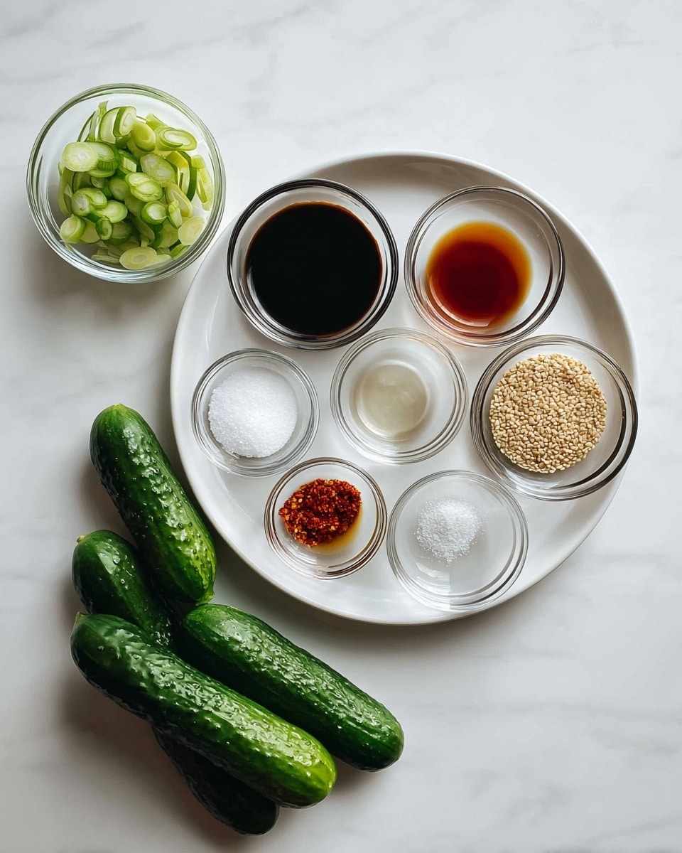 The image shows a white round plate holding seven small clear glass bowls arranged in a circle, each bowl containing different ingredients: a dark soy sauce at the top, a reddish chili oil to the left, a light brown vinegar to the right, white granulated salt below the soy sauce, a clear liquid next to the vinegar, white sugar beneath the salt, and light brown sesame seeds to the right of the sugar. Outside the plate, to the left, there is another small clear bowl with sliced green onions, and below the plate, there are six fresh mini cucumbers, bright green with textured skin, laying on a white marbled surface. photo taken with an iphone --ar 4:5 --v 7