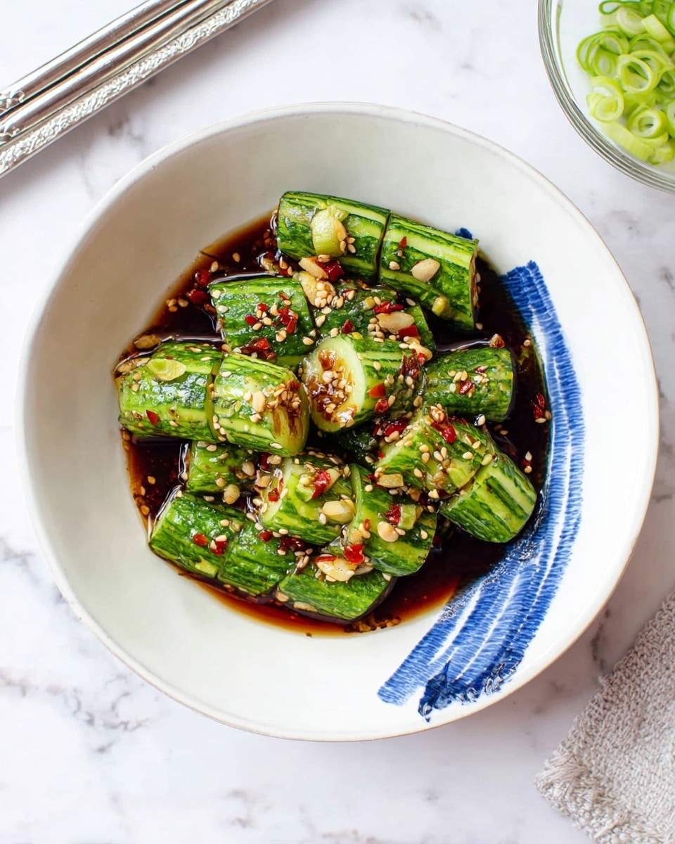 A white bowl with a blue brushstroke design near the edge holds several pieces of cucumber that are thinly sliced but still connected, fanned out to show their bright green skin and light green inside. The cucumbers sit in a dark soy-based sauce that pools at the bottom. On top, there are small bits of red chili flakes, sesame seeds, and garlic pieces adding texture and color contrast. The bowl is placed on a white marbled surface with silver chopsticks lying beside it and a small glass bowl of sliced green onions visible in the upper right corner. Photo taken with an iphone --ar 4:5 --v 7