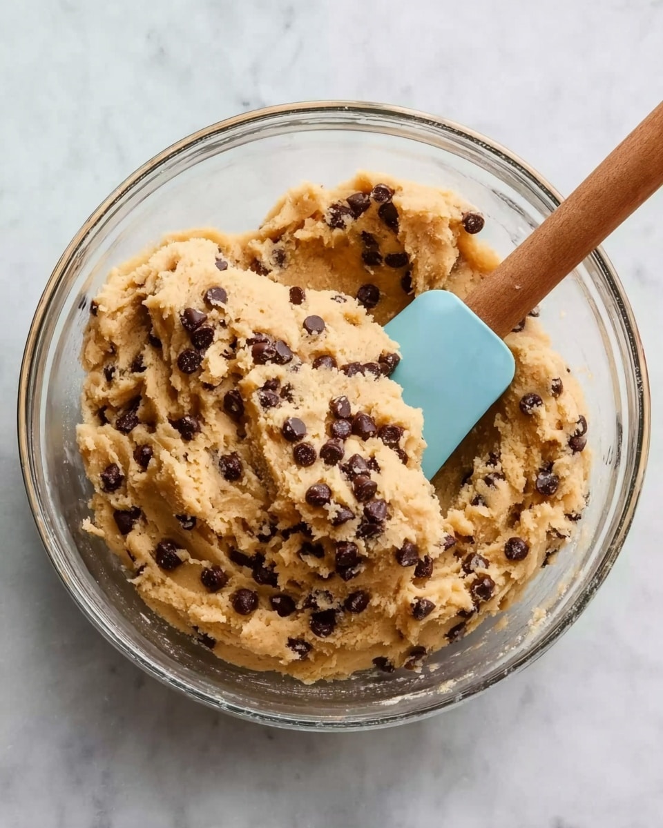A clear glass bowl filled with light brown cookie dough that has many small dark brown chocolate chips evenly mixed in. A silicone spatula with a light blue head and a wooden handle is placed inside the dough, resting on the edge of the bowl. The bowl is set on a white marbled surface. Photo taken with an iphone --ar 4:5 --v 7