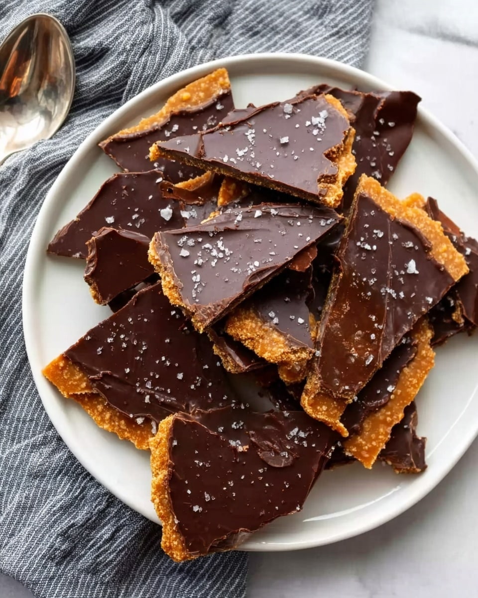 A white plate holds several pieces of toffee bark broken into irregular shapes, each piece topped with a smooth, dark chocolate layer sprinkled lightly with salt flakes. The toffee beneath the chocolate is a rich golden-brown with a slightly rough texture visible on broken edges. The plate is set on a white marbled surface with a silver spoon and a gray-striped cloth nearby. The overall look contrasts the dark, shiny chocolate with the warm, crunchy toffee, making it look rich and inviting. photo taken with an iphone --ar 4:5 --v 7