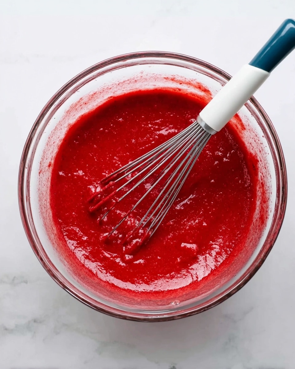 A clear glass bowl filled with bright red batter that looks smooth and thick, with some small lumps visible. A metal whisk with a white and blue handle is resting inside the bowl, coated in the red batter. The bowl is placed on a white marbled surface. The light shows some shiny spots on the glossy batter, making it look fresh and ready to use. photo taken with an iphone --ar 4:5 --v 7