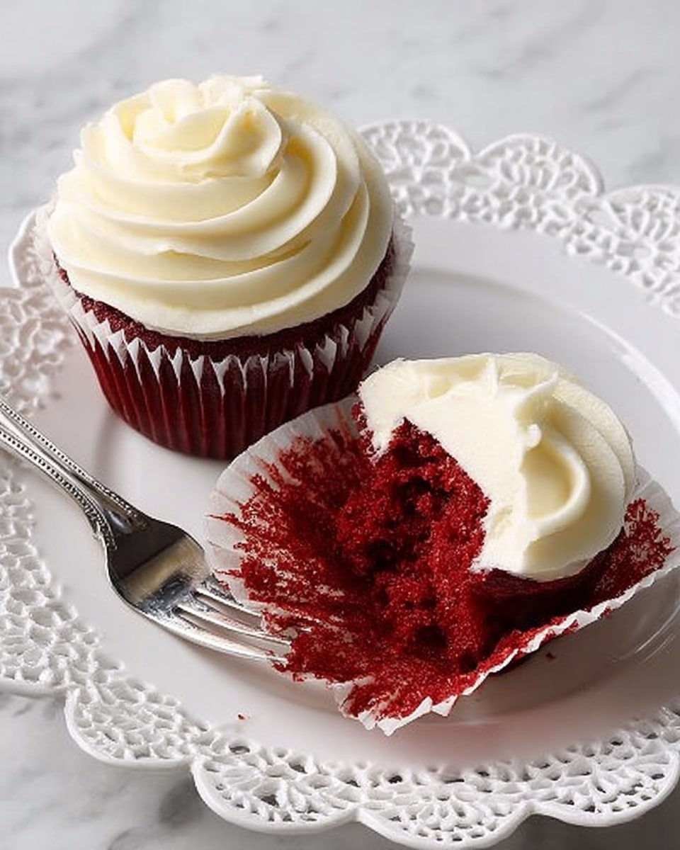 The image shows two red velvet cupcakes with smooth white cream on top, swirled in a spiral pattern. One cupcake is whole, while the other one is open, showing a deep red, soft cake inside with a thick layer of white cream on top. A silver fork with a piece of the cupcake rests on a white, decorative plate with a lace-like edge. The background is a white marbled texture. photo taken with an iphone --ar 4:5 --v 7