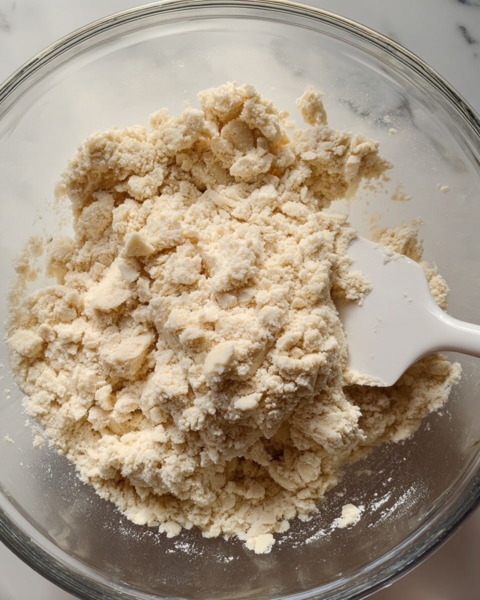 A clear glass bowl holds a mixture of light beige dry crumbly dough with uneven, grainy chunks piled together. A white spatula rests on the right side, partially scooping the dough, showing its rough, clumpy texture. The scene is set on a white marbled surface with natural light highlighting the tiny grains and soft clusters of dough. photo taken with an iphone --ar 4:5 --v 7