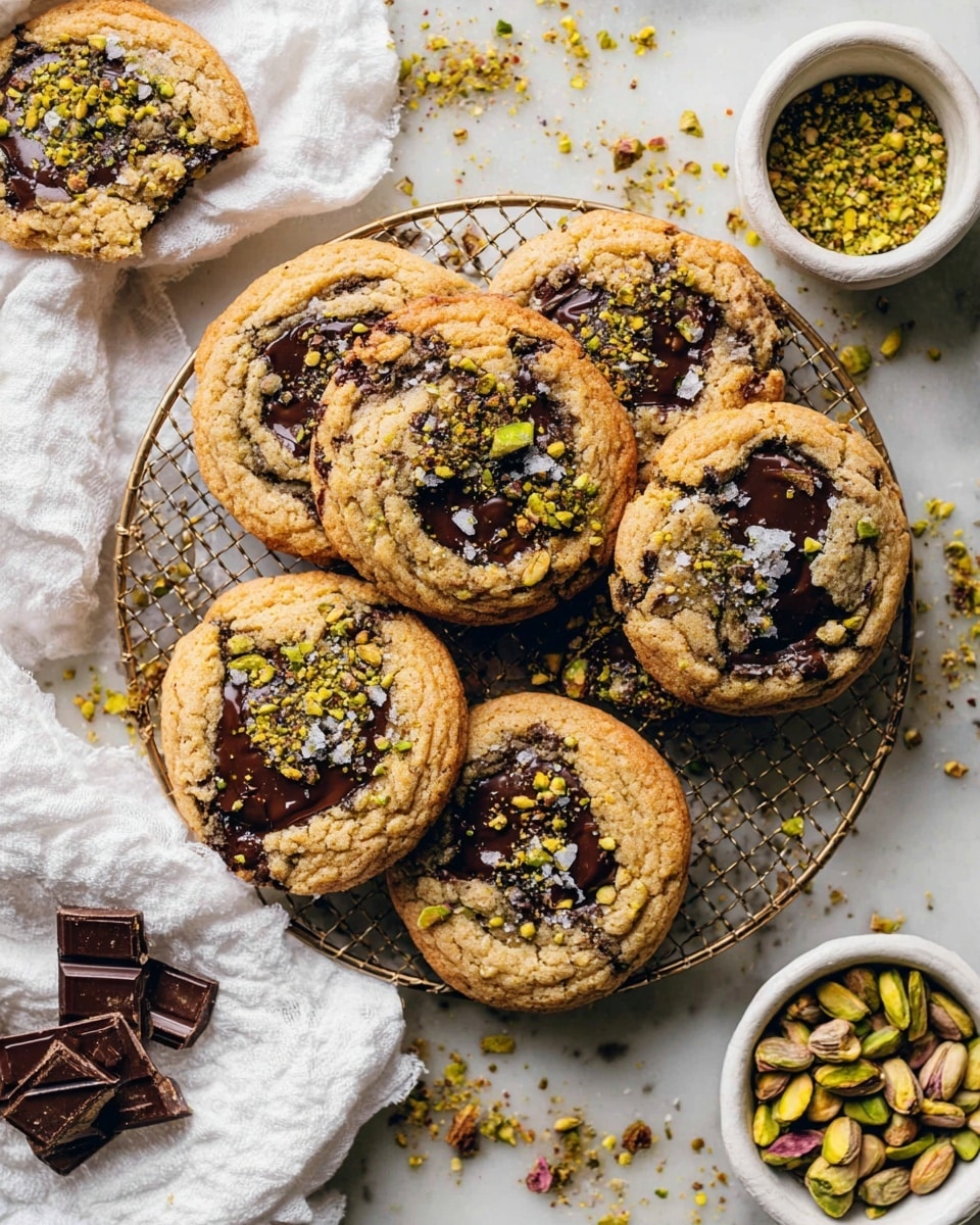 A group of six golden brown cookies with a soft, slightly cracked texture is arranged on a round wire cooling rack over a white marbled surface. Each cookie has a spread of melted dark chocolate in the center, topped with a layer of crushed pistachios in green and tan hues, and scattered flakes of sea salt adding a light sparkle. One cookie is broken in half, showing the gooey chocolate center, while a small white cloth rests nearby. Two white bowls containing whole pistachios and broken chocolate pieces sit beside the cooling rack, with more crushed pistachios sprinkled on the surface around the cookies. Photo taken with an iphone --ar 4:5 --v 7