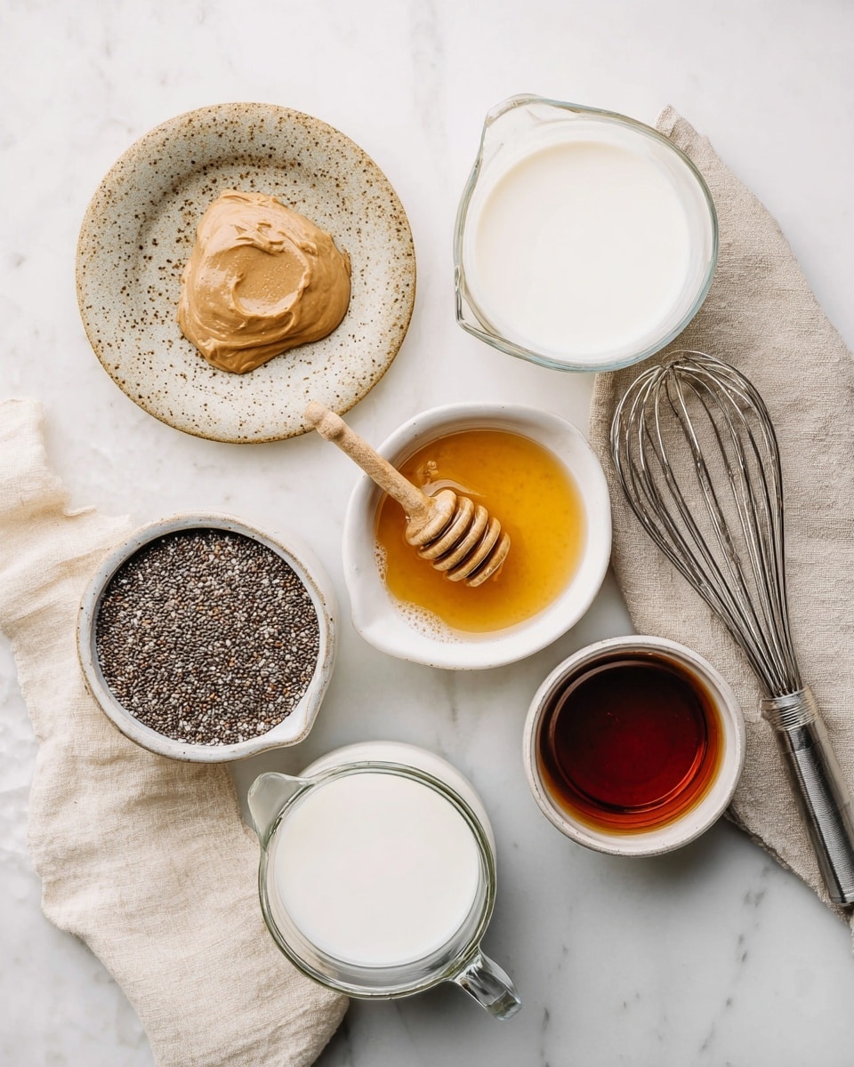 A top-down view of six small containers and a whisk arranged on a white marbled surface. Starting from the top left, there is a small rustic, speckled beige plate with a dollop of light brown nut butter. Below it is a small beige bowl filled with golden honey, with a wooden honey dipper resting inside. In the center is a white bowl filled with tiny black and white chia seeds. To the right of it is a glass measuring cup filled with white milk. Below the chia seeds, a glass measuring cup holds creamy white coconut milk. To the right is a small white bowl with dark amber vanilla extract placed on a beige cloth napkin, beside a metal whisk. Photo taken with an iphone --ar 4:5 --v 7