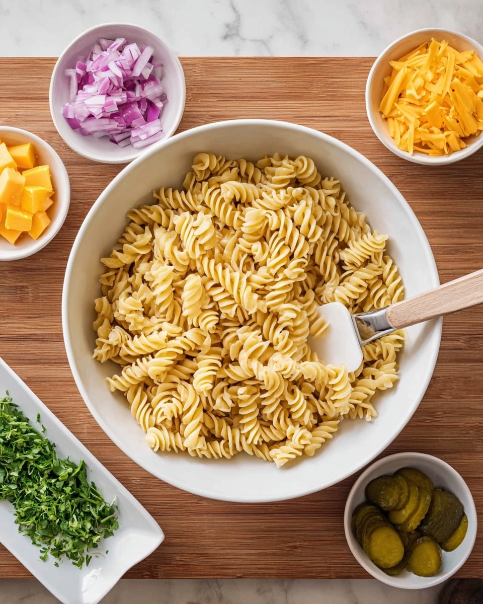 A white bowl filled with cooked spiral pasta is in the center, with the pasta showing a pale yellow color and a firm texture. A white spatula with a wooden handle is resting inside the bowl, partially covered by the pasta. Around the bowl on a wooden surface are small white dishes holding various chopped ingredients: bright orange cheese cubes, finely chopped red onions, two bowls filled with sliced pickles of light green color, and a small rectangular plate containing fresh green herbs, all placed neatly. The background is replaced with a white marbled texture. photo taken with an iphone --ar 4:5 --v 7