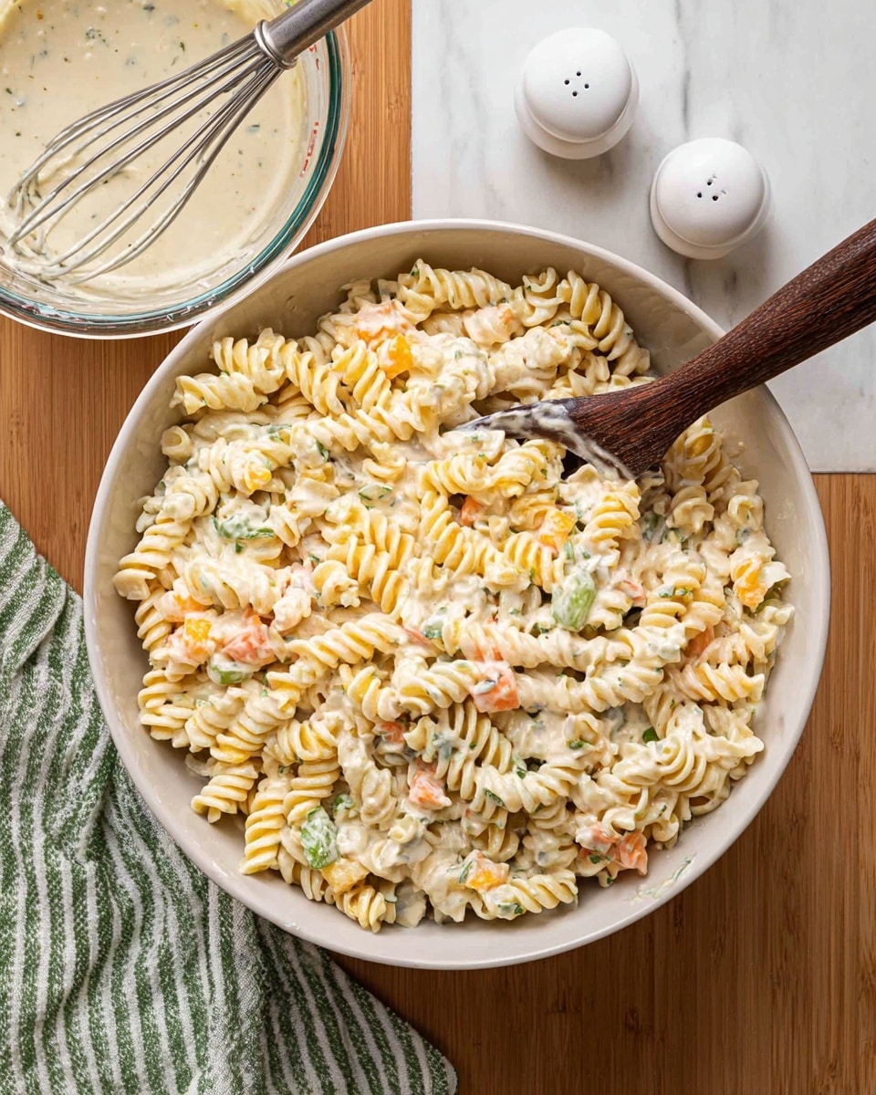 A large white bowl filled with creamy pasta salad is in the center. The pasta is spiral-shaped and coated with a thick light cream sauce. Mixed inside are small cubes of orange cheese, pieces of green pickles, and bits of herbs that add flecks of green throughout. A wooden spoon with a dark handle rests inside the bowl, partially covered by the pasta salad. The bowl is placed on a wooden table next to a clear glass measuring cup holding more of the creamy dressing with a metal whisk inside it, and two white salt and pepper shakers are near the bottom right. A green and white striped towel is on the left side, and the background is a white marbled texture. photo taken with an iphone --ar 4:5 --v 7